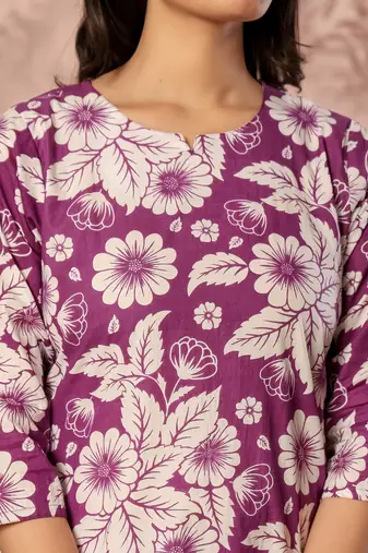 Purple floral printed kurti with straight pants – cotton co-ord set