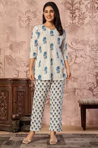 Blue floral printed kurti with straight pants – cotton co-ord set