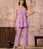 Pink printed spaghetti kurti with straight pants – cotton co-ord set