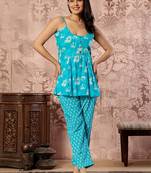 Turquoise blue printed spaghetti kurti with straight pants – cotton co-ord set