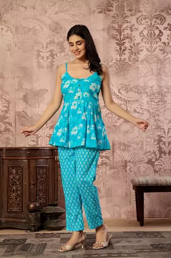 Turquoise blue printed spaghetti kurti with straight pants – cotton co-ord set