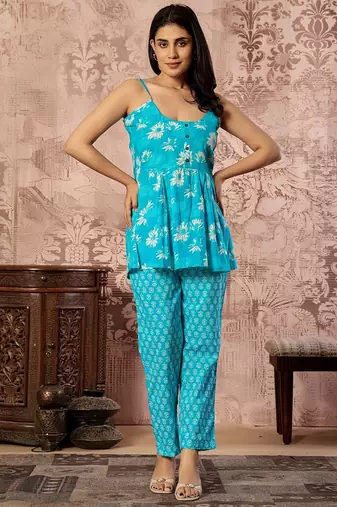 Turquoise blue printed spaghetti kurti with straight pants – cotton co-ord set