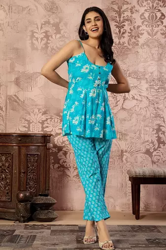 Turquoise blue printed spaghetti kurti with straight pants – cotton co-ord set