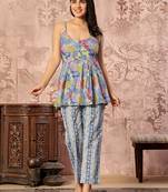 Blue floral printed spaghetti kurti with straight pants – cotton co-ord set