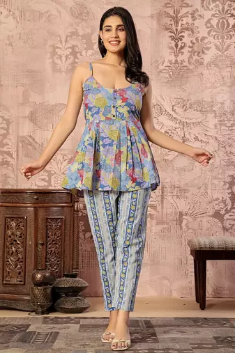 Blue floral printed spaghetti kurti with straight pants – cotton co-ord set
