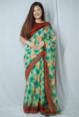 peach cotton saree with printed floral work 1