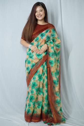 Mirchi fashion women   s floral print cotton blend saree with unstitched blouse piece     peach color