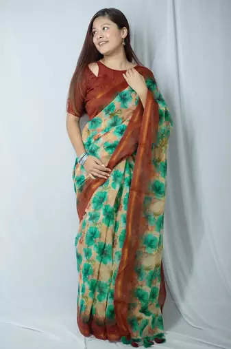 peach cotton saree with printed floral work