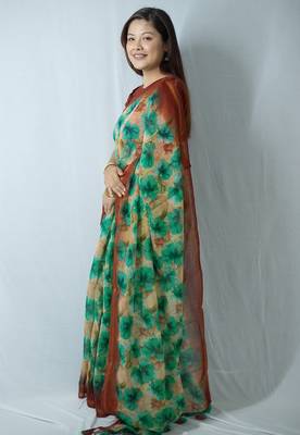 peach cotton saree with printed floral work 3