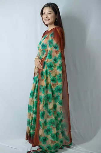 peach cotton saree with printed floral work