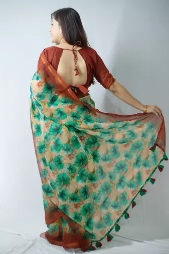 peach cotton saree with printed floral work