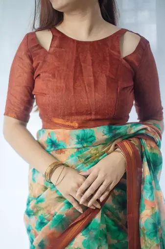 peach cotton saree with printed floral work
