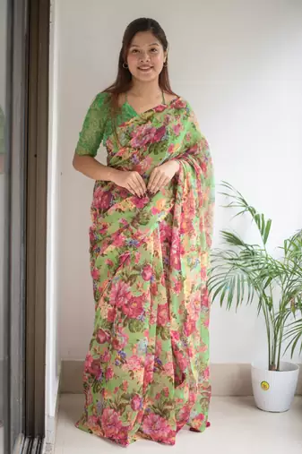 Mirchi fashion women   s floral print cotton blend saree with unstitched blouse piece     green