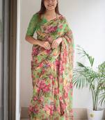 green cotton saree with floral design
