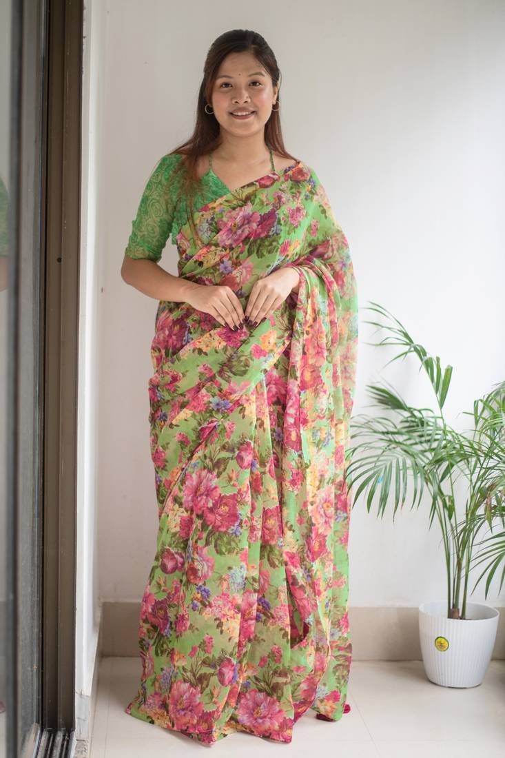 Mirchi fashion women’s floral print cotton blend saree with unstitched blouse piece – green