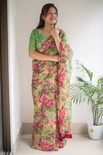 green cotton saree with floral design