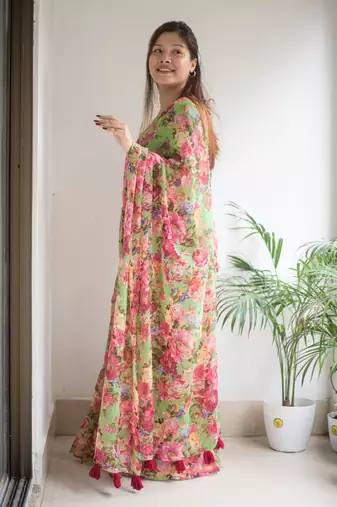 green cotton saree with floral design