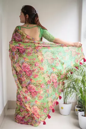 green cotton saree with floral design