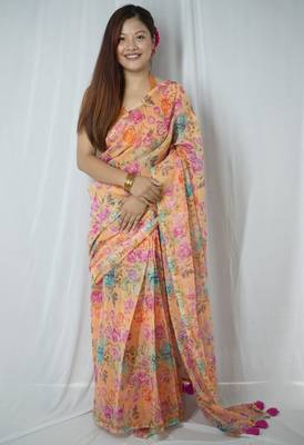 orange cotton saree with floral design 1