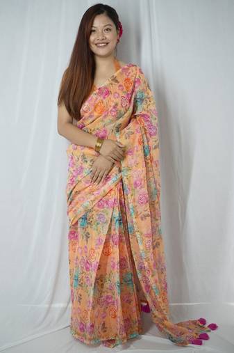 Mirchi fashion women’s floral print cotton blend saree with unstitched blouse piece – orange