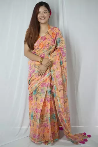 Mirchi fashion women   s floral print cotton blend saree with unstitched blouse piece     orange