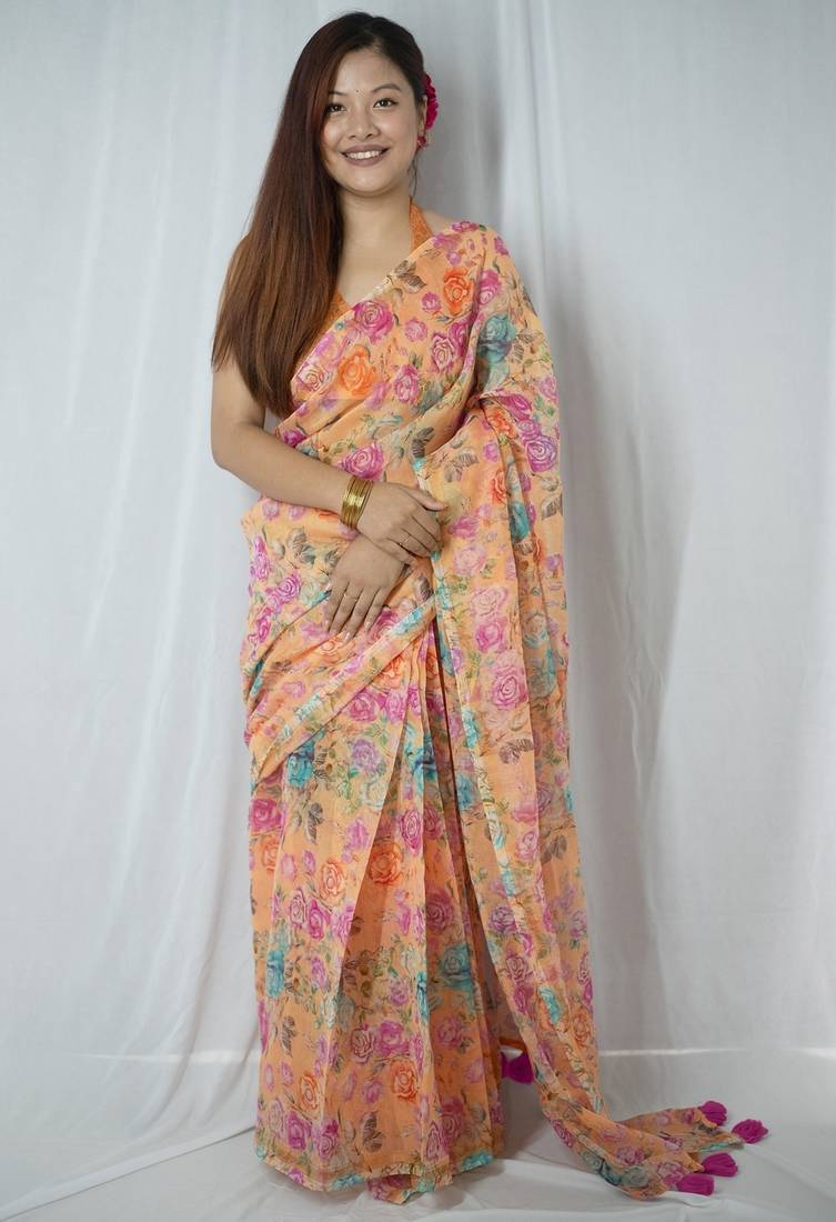Mirchi fashion women’s floral print cotton blend saree with unstitched blouse piece – orange