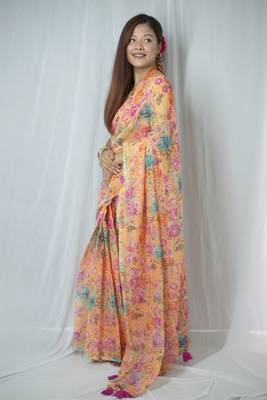 orange cotton saree with floral design 2