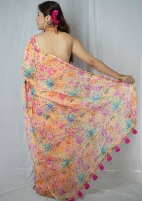 orange cotton saree with floral design 3