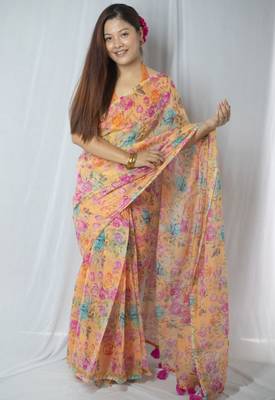 orange cotton saree with floral design 5