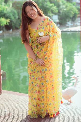 Mirchi fashion women’s floral print cotton blend saree with unstitched blouse piece – yellow