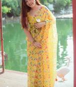yellow cotton saree with floral design