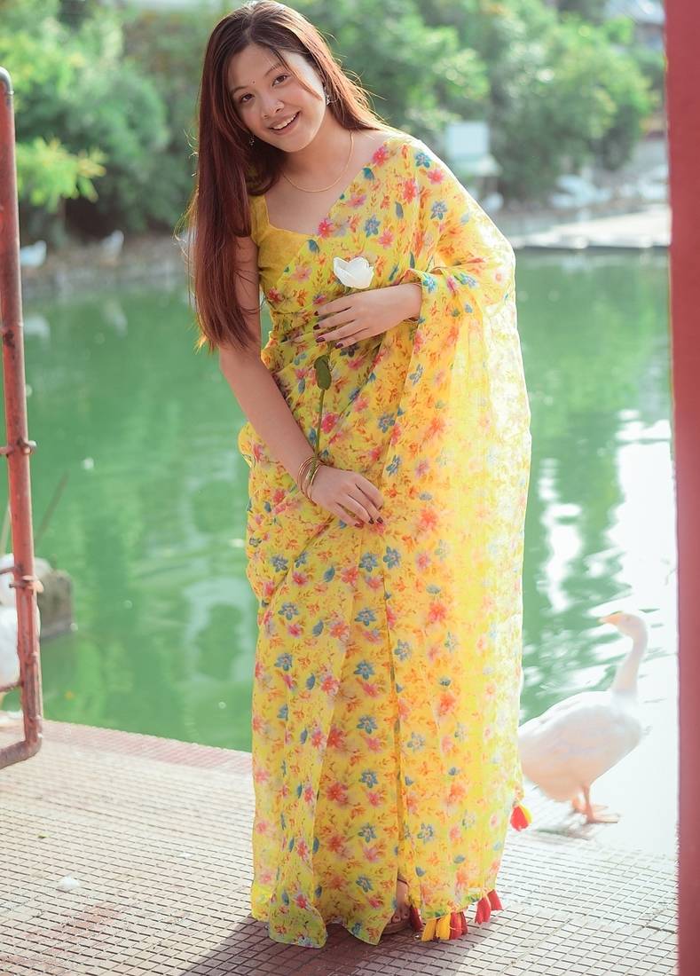 Mirchi fashion women’s floral print cotton blend saree with unstitched blouse piece – yellow