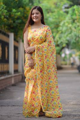 yellow cotton saree with floral design 2