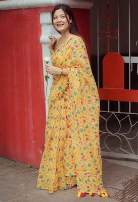 yellow cotton saree with floral design 3