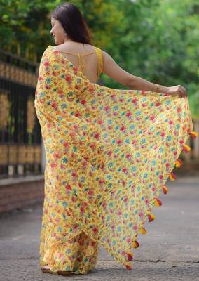 yellow cotton saree with floral design 4
