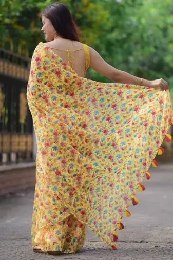 yellow cotton saree with floral design
