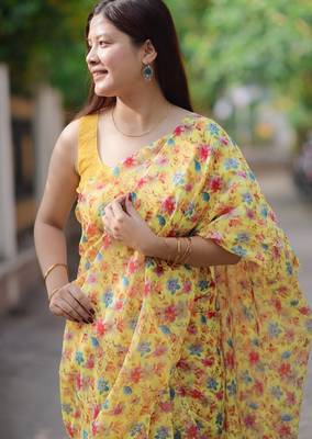 yellow cotton saree with floral design 5