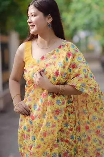 yellow cotton saree with floral design