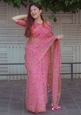 pink cotton saree with floral design 1