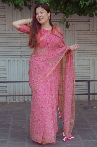 Mirchi fashion women’s floral print cotton blend saree with unstitched blouse piece – pink