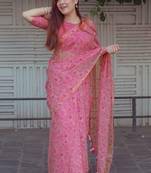 pink cotton saree with floral design