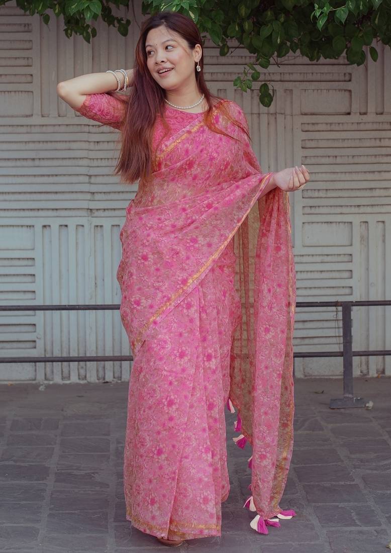 Mirchi fashion women’s floral print cotton blend saree with unstitched blouse piece – pink