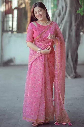 pink cotton saree with floral design
