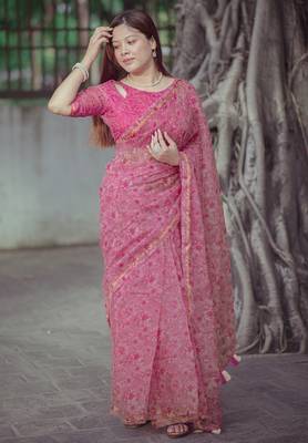 pink cotton saree with floral design 5