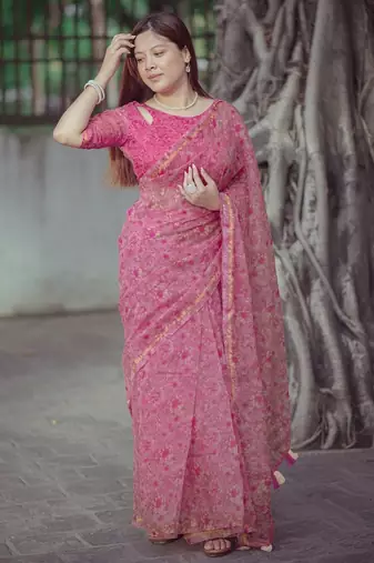 pink cotton saree with floral design