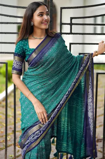 teal cotton saree with geometric print