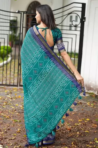 teal cotton saree with geometric print