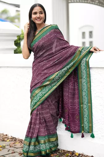 magenta cotton saree with geometric print
