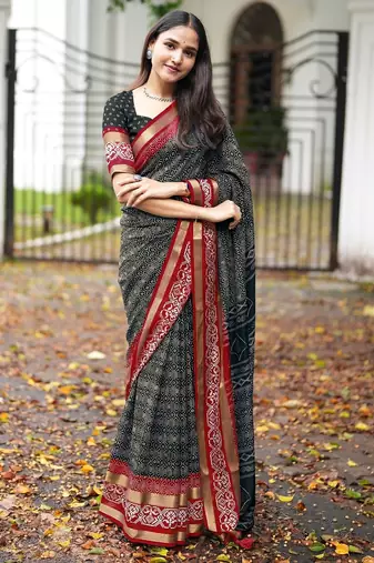 Mirchi fashion women’s geometric print cotton blend saree with unstitched blouse piece – black