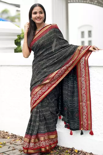 black cotton saree with geometric print